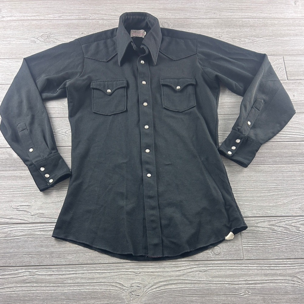 Vintage H Bar C Ranchwear Western Shirt Black Ribbed Snap Front USA 15-34
